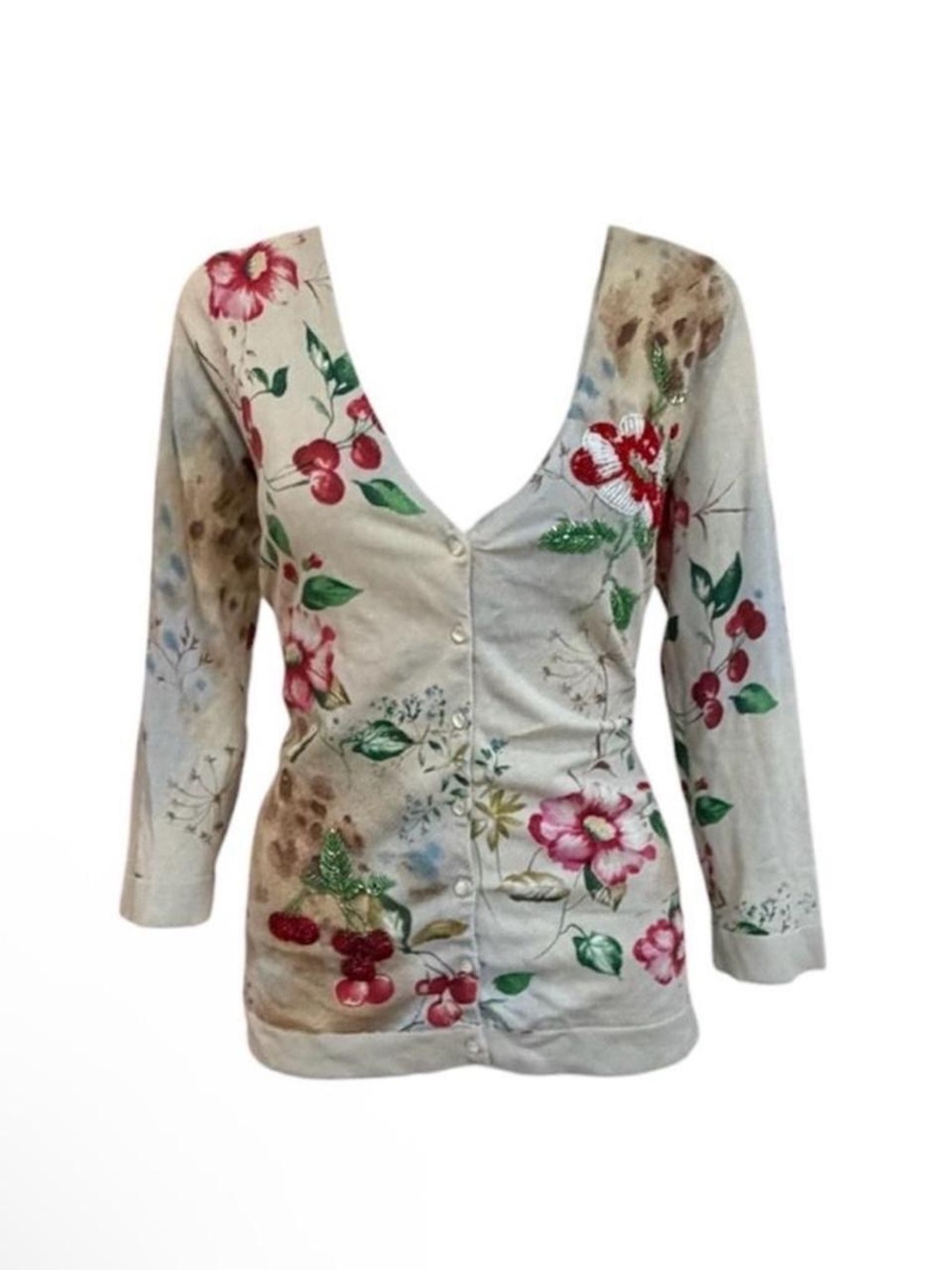 Cherry Floral Beaded Silk Cardigan by Charlotte Tarantola